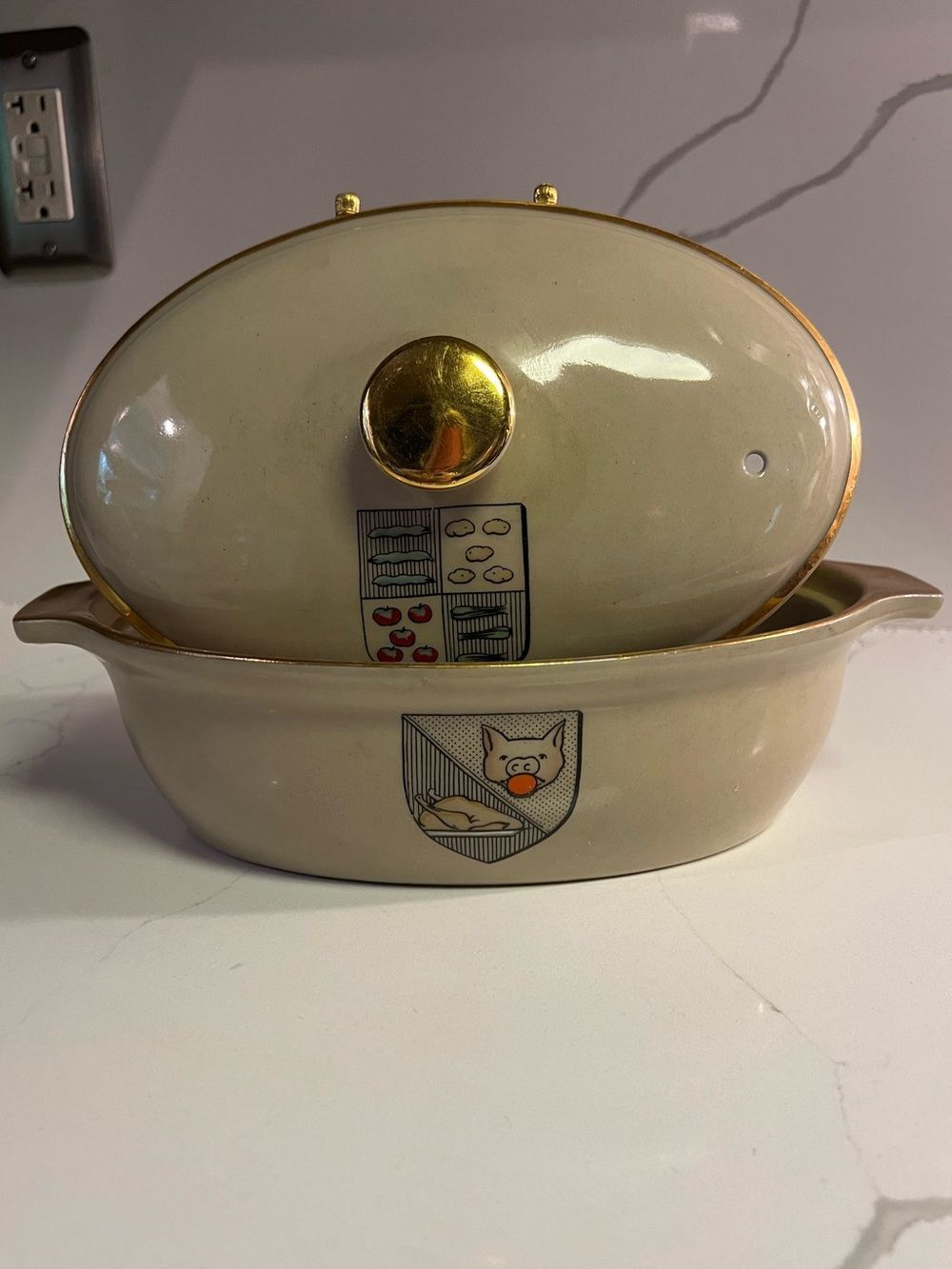 Vintage Mid Century Grays Pottery Casserole Dish with Gold Trim